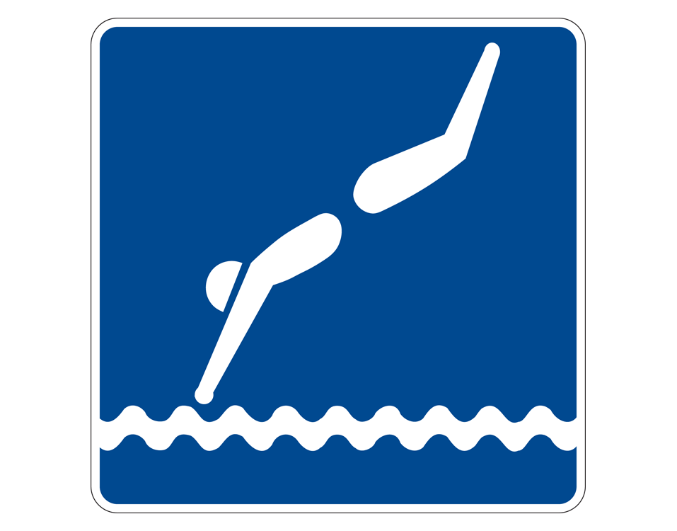 white figure in blue swim bottom diving towards wavy horizontal line
