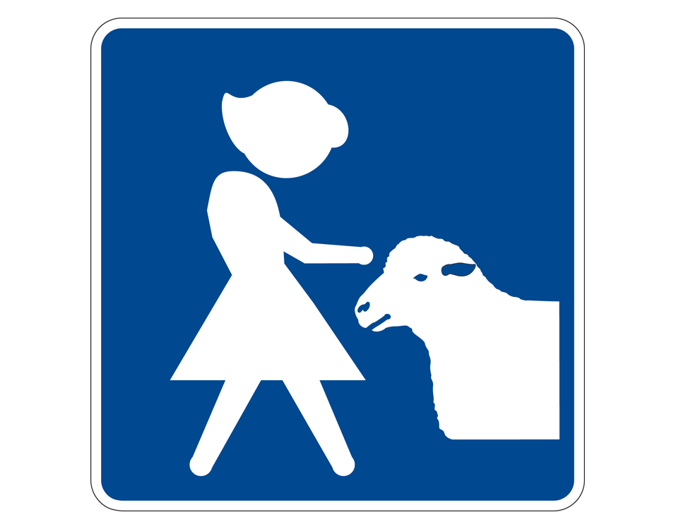 White illustration of a figure with a dress petting a goat