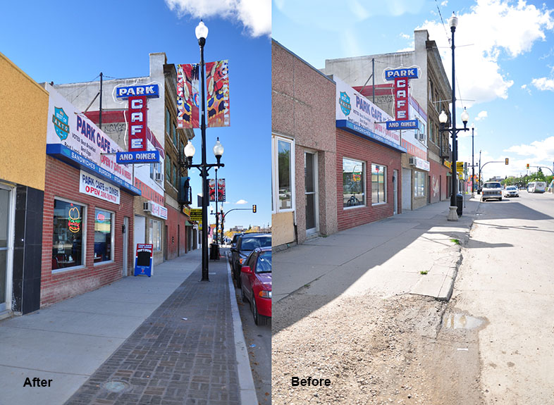 a before and after shot of the south side of the 500 block of 20th St West 