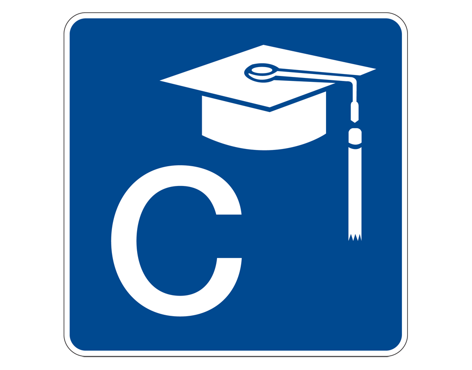 graduation cap with tassel and capital letter c in white on blue background