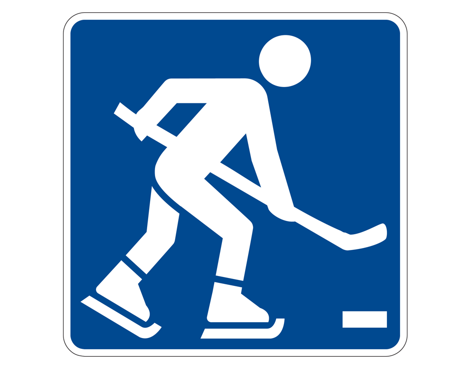 illustration of a white figure wearing skates, with a hockey stick and puck