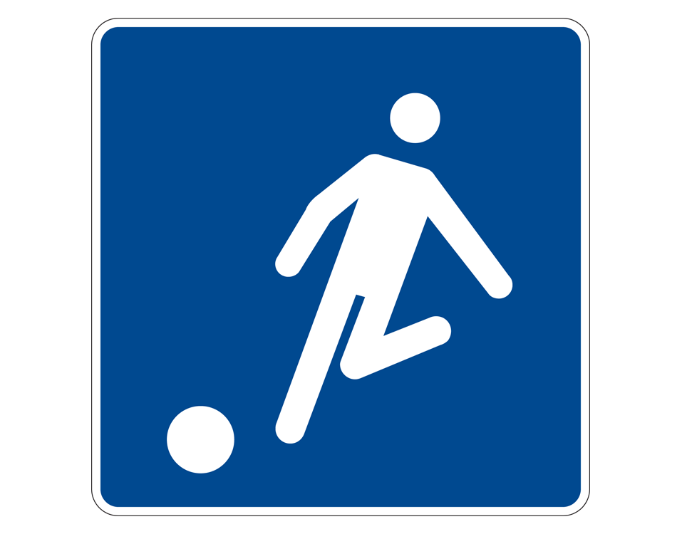 white figure of a person in a position to kick a ball and ball