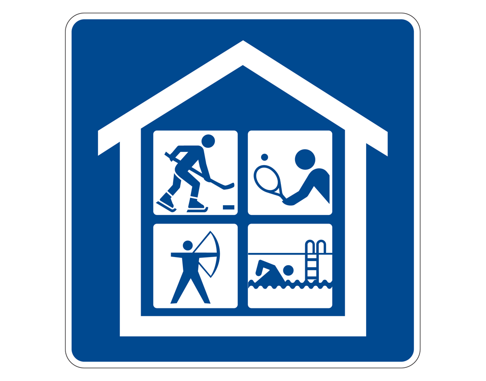 4 separate images in white within the shape of a house: person with hockey stick, skates and hockey puck; person with tennis racket and tennis ball; person with a bow and person swimming in water beside a diving board