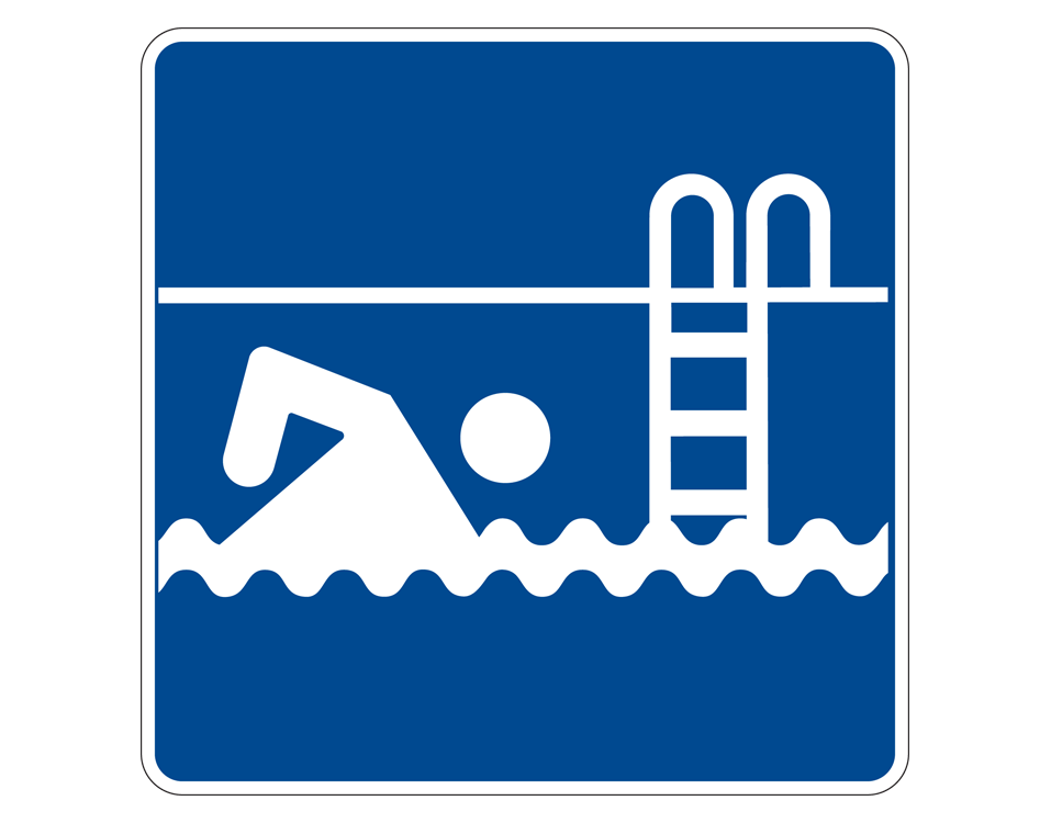 white illustration of person swimming with edge of pool and an immersed ladder