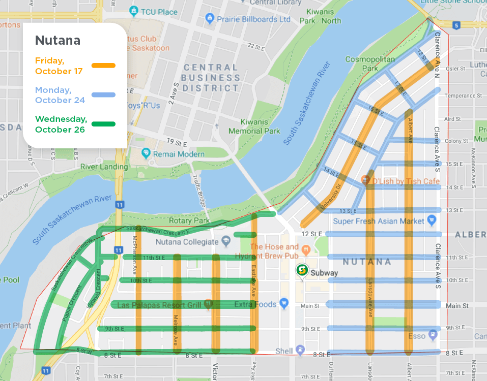 Map of Nutana showing yellow, green and blue lines corresponding to a legend for street sweeping