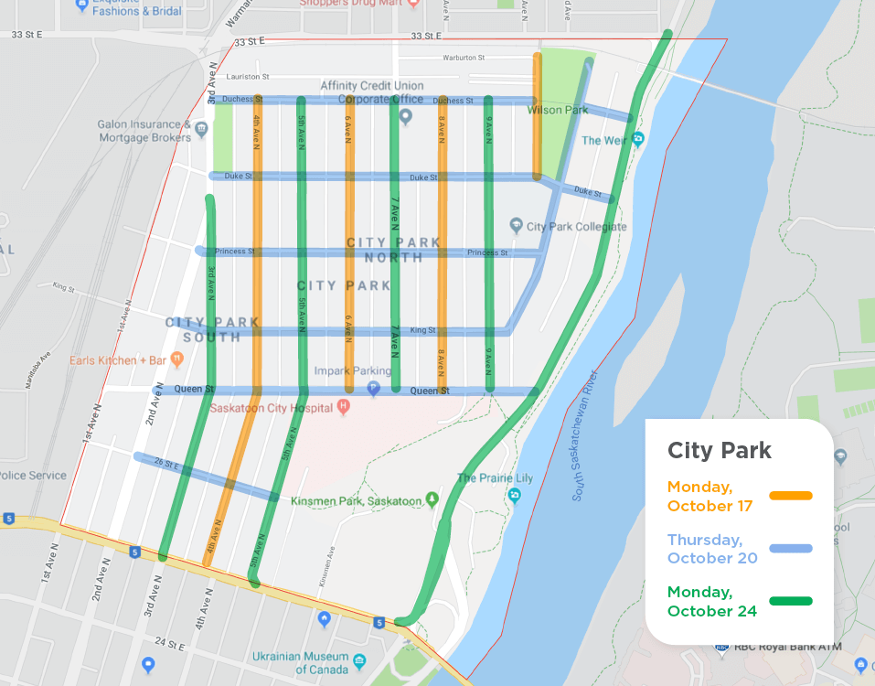 map of City Park with yellow lines on odd avenues for street sweeping on October 18, green lines on even avenues for sweeping on October 24 and blue lines on streets for sweeping on October 20