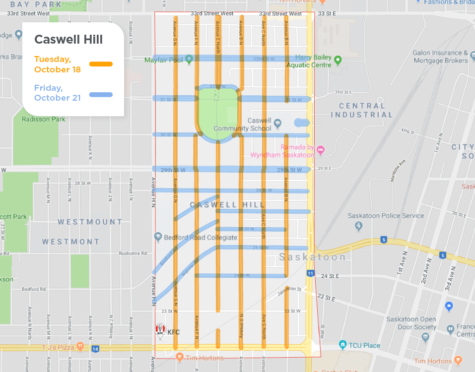 map of Caswell Hill with yellow lines on Avenues for street sweeping on October 18 and blue lines on Streets for October 21