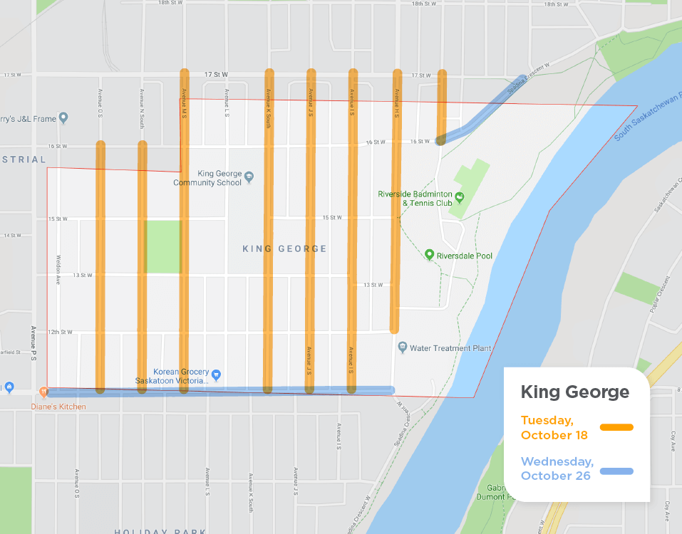 map of King George neighbourhood showing street sweeping schedule for Avenues on October 18 and two Streets on October 26
