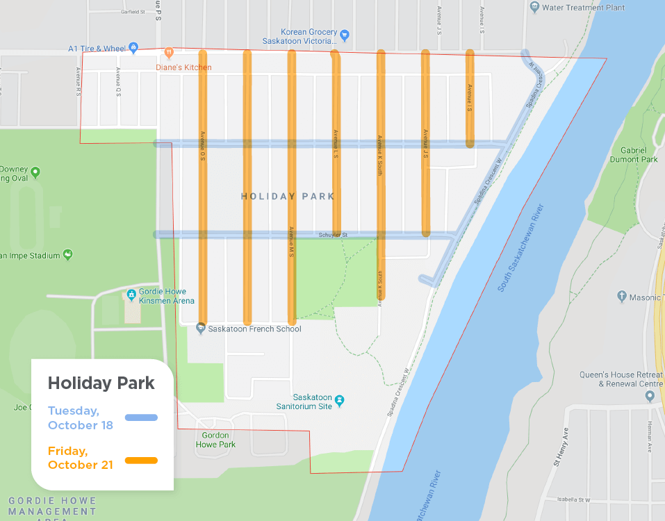 map of Holiday Park with yellow lines on Avenues for sweeping on October 21 and blue lines on Streets for sweeping on October 18