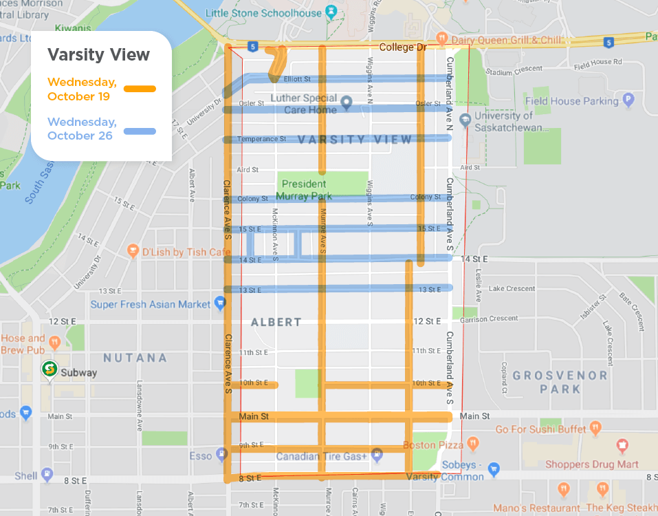 map of Varsity View with yellow and blue highlights on areas for sweeping.