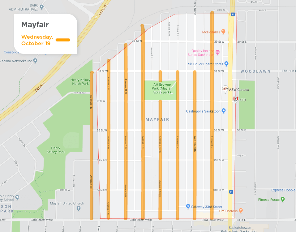 map of Mayfair with yellow lines on Avenues for street sweeping on October 19