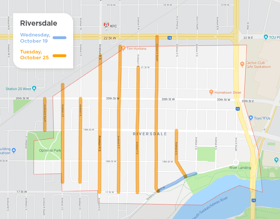 map of Riversdale with yellow lines along Avenues for sweeping on October 25. a section of Spadina Crescent is highlighted blue for sweeping on October 19.