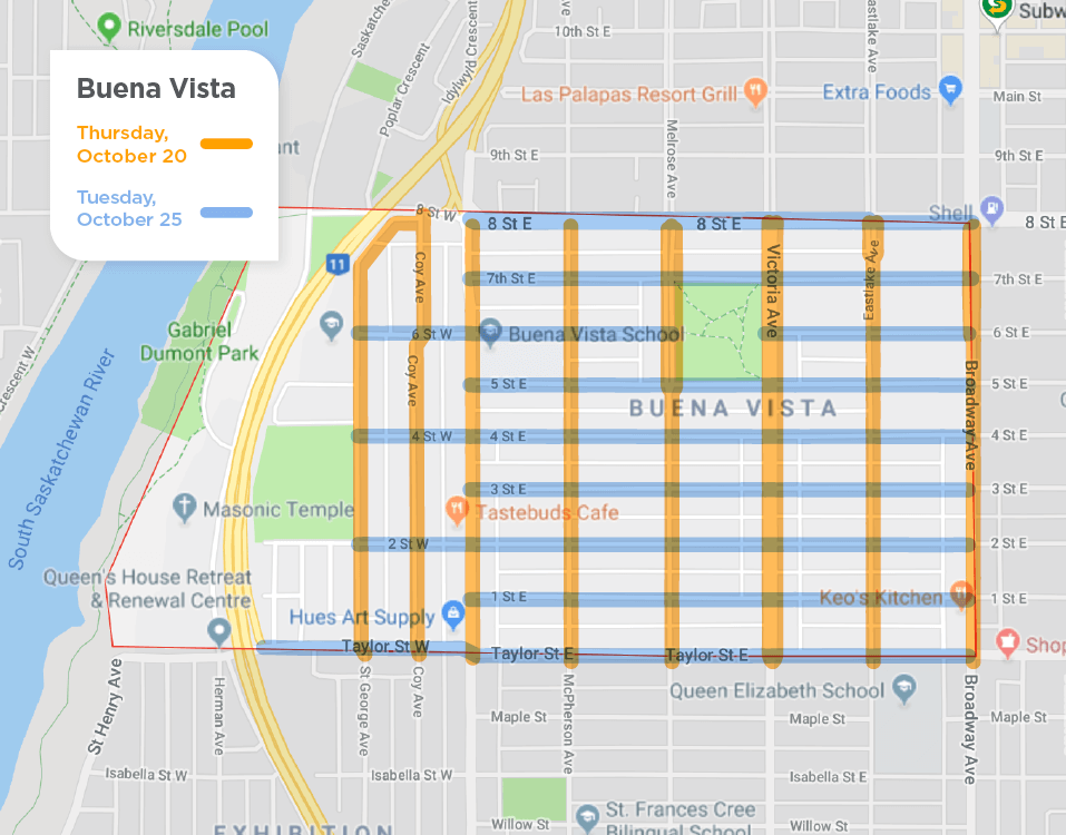 map of Buena Vista with yellow lines for street sweeping on Avenues October 20 and blue lines for Streets on October 25