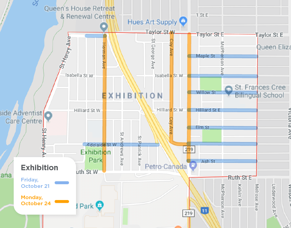 map of Exhibition with yellow lines on certain Avenues for sweeping on October 21 and blue lines on Streets for sweeping on October 24