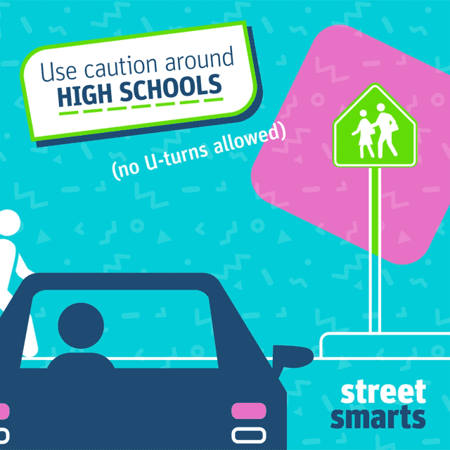 car approaching a school zone sign with no reduced speed limit posted. heading reads Use caution around high schools.