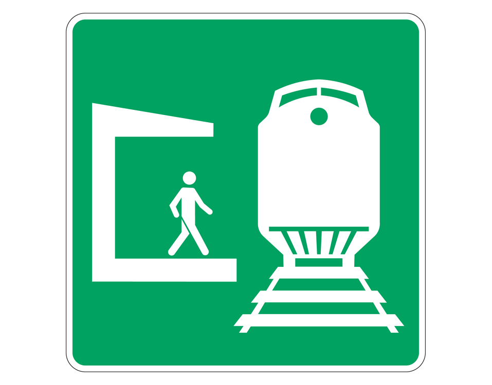 person standing on platform beside front of train on a railtrack in white on green background