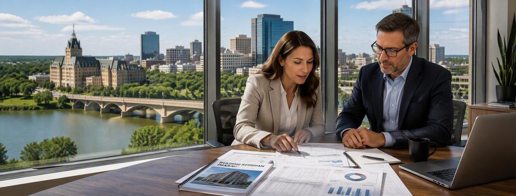 Two business people look at data inside an office space with windows overlooking downtown Saskatoon