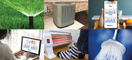 Collage of photos - an ungerground sprinkler, an air conditioner unit, a smartphone with graphs, a computer with graphs, a portable space heater, and a shower head