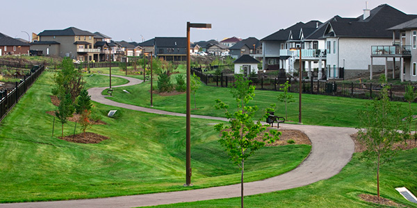 Path winding right and left through a park between rows of houses