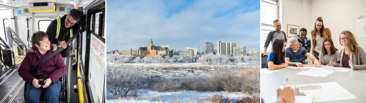 A collage of images showing an Access Transit customer, a collaborative meeting, and a Saskatoon cityscape during the winter.