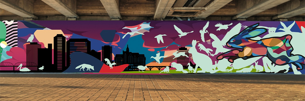 colourful mural highlighting an urban jackrabbit bounding towards Saskatoon's city centre