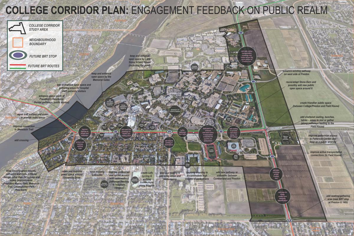 Map showing themes from the College Corridor Plan public realm feedback