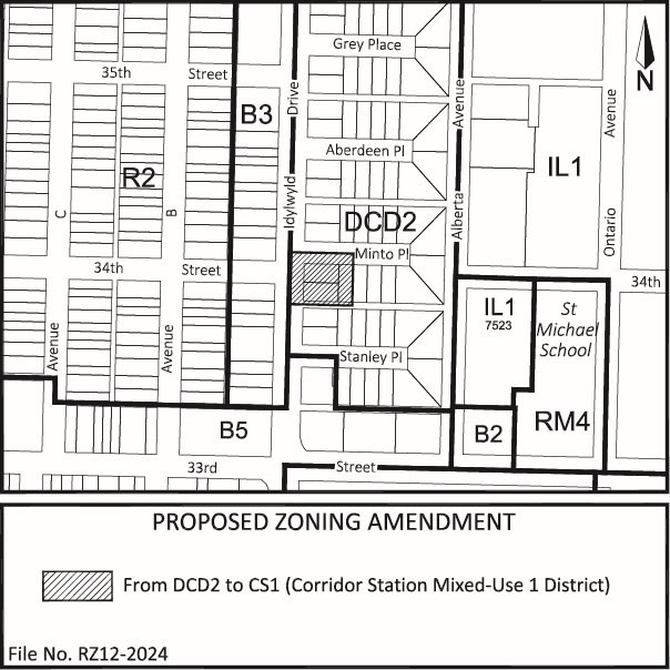 Map showing sites affected by zoning change on Idylwyld Drive and Minto Place
