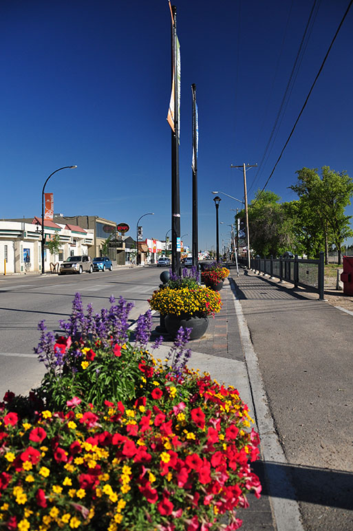 Banners and flowerpots along the improved Central Avenue streetscape