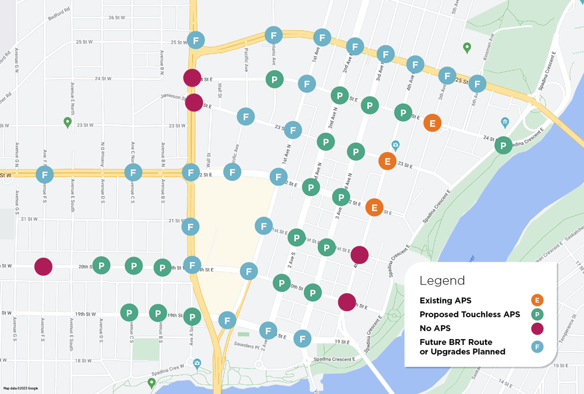Map of Accessible Pushbutton locations in Downtown Saskatoon