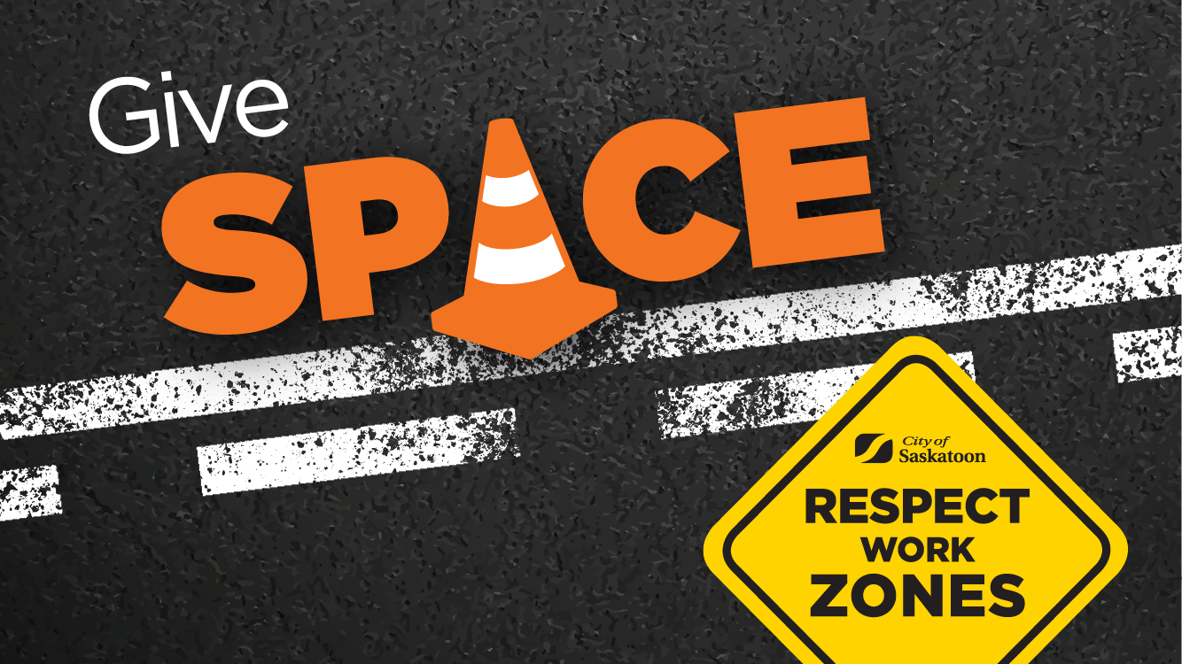 Graphic with a pylon and text saying "Give space. Respect work zones."