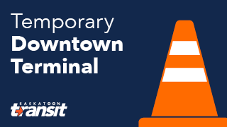 Graphic with a traffic cone with the text "Temporary Downtown Terminal"