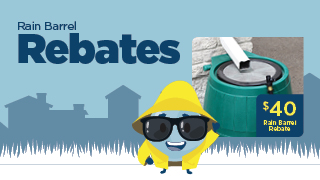 Photo of a rain barrel with text explaining $40 rain barrel rebates