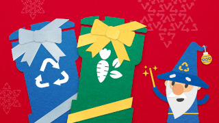 Image of waste bins in holiday wrapping with the Waste Wizard