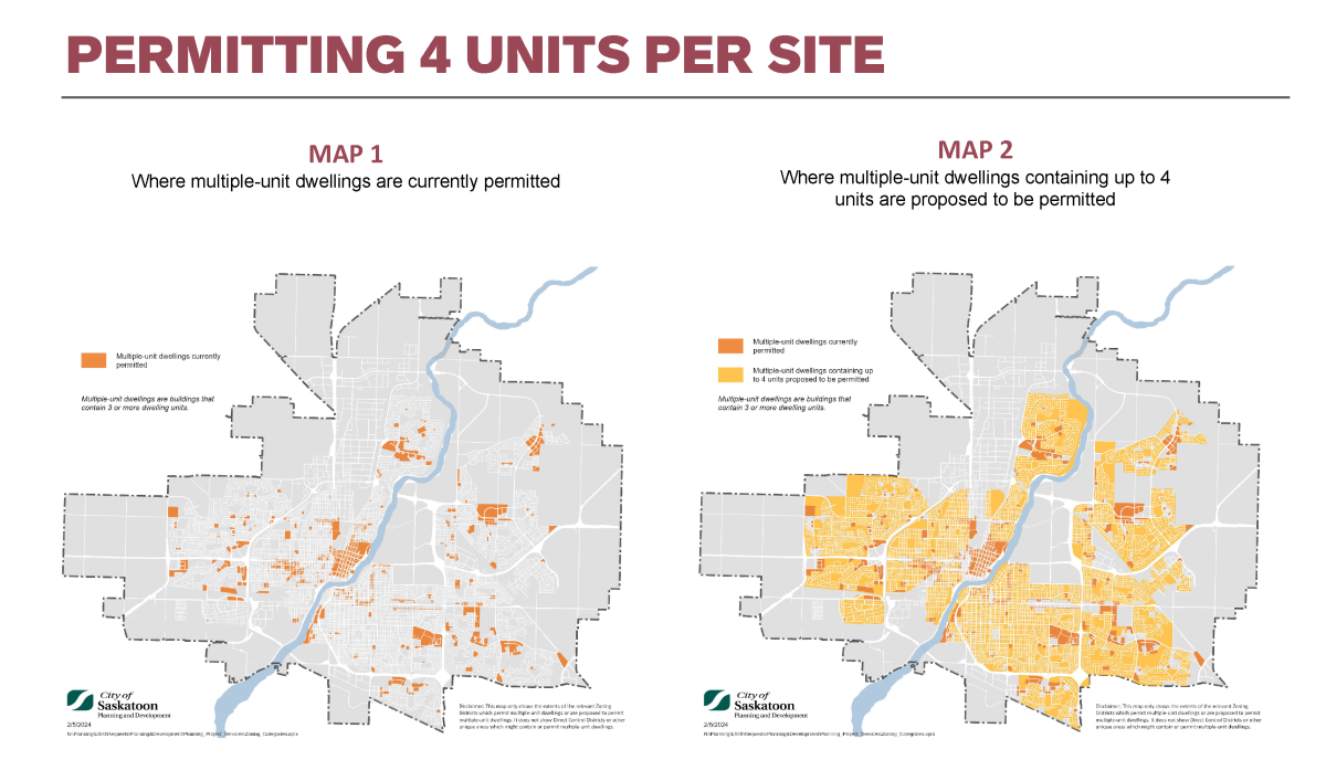 Map on left shows where multiple unit dwellings are currently permitted, map on right shows where multiple unit dwellings containing up to 4 units are proposed to be permitted.