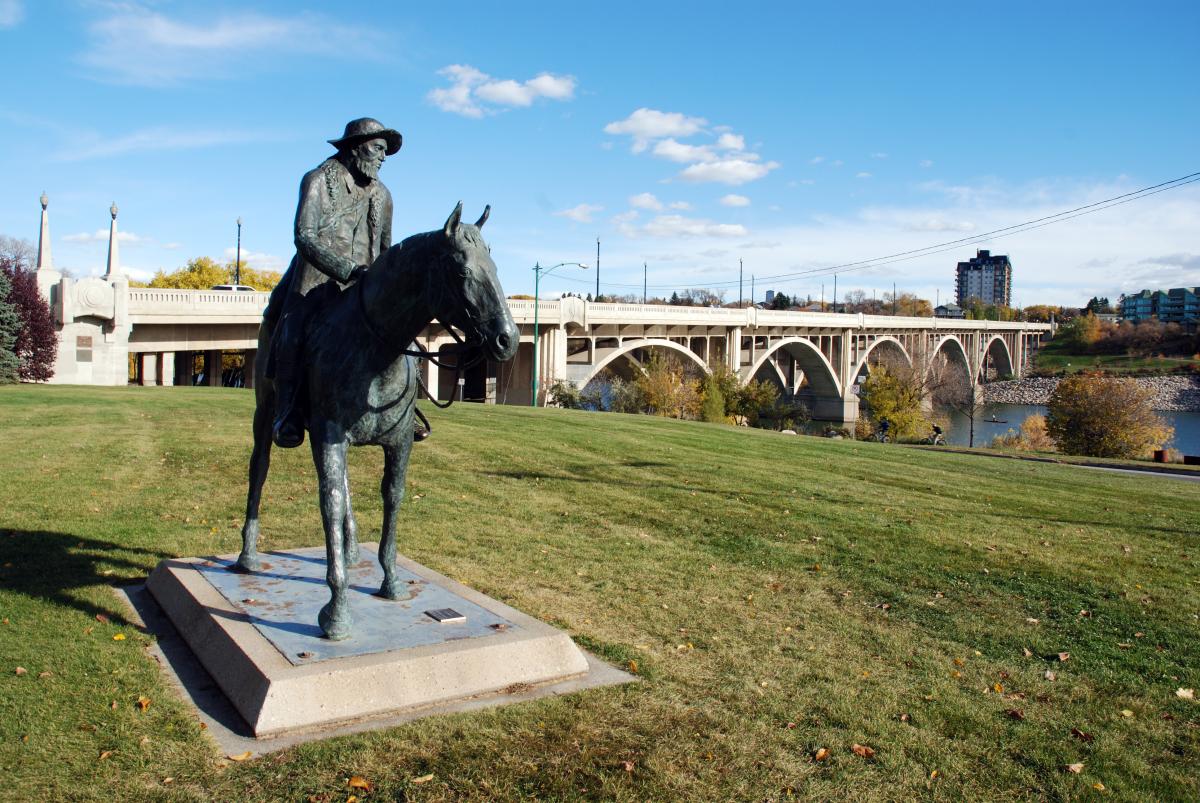 Bronze statue of a man on a horse.