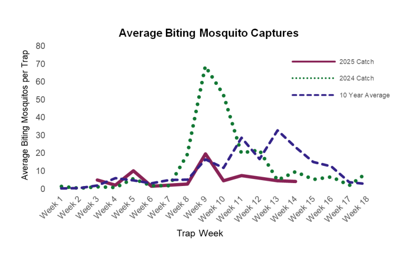 Weekly trend of average female biting mosquitoes captured per trap, compared to the same period last year and to the 10-year average.