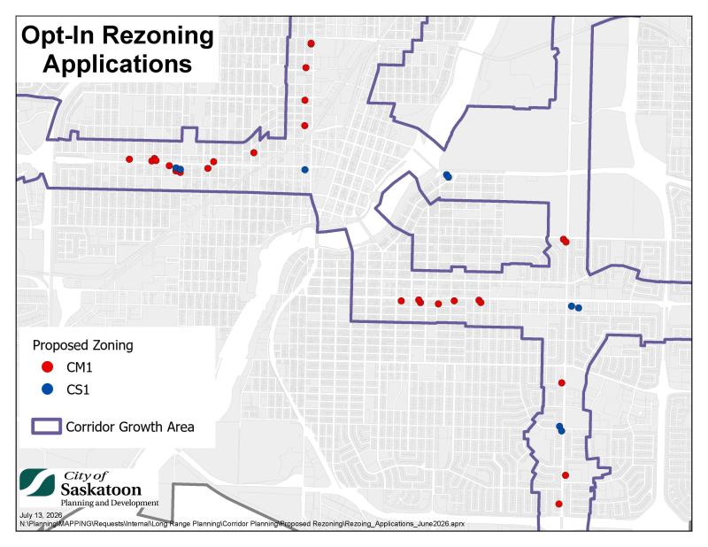 Map of the city with the outline of the Corridor Growth Area shown. Red dots indicate where a rezoning to CM1 is proposed and blue dots where a rezoning to CS1 is proposed.
