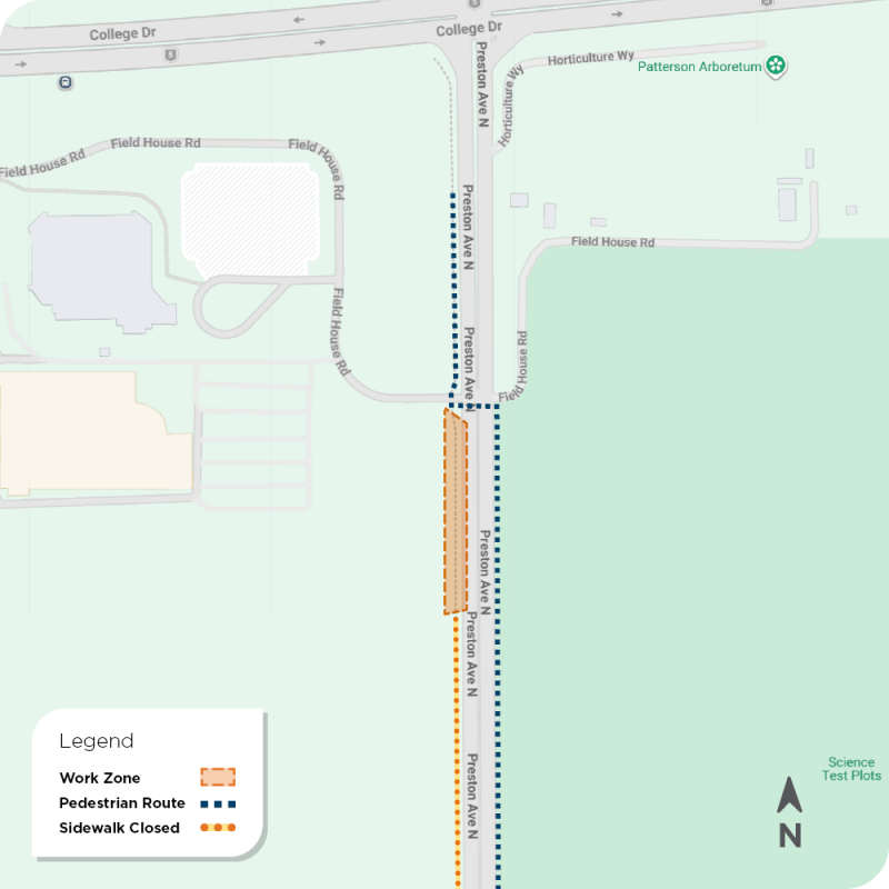 Pedestrian and cycling routes around construction on Preston Avenue near the Field House.
