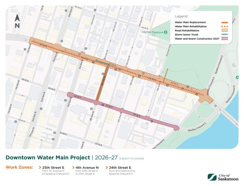 This map shows where construction will be taking place along 25th Street in 2026 and 24th Street in 2027.