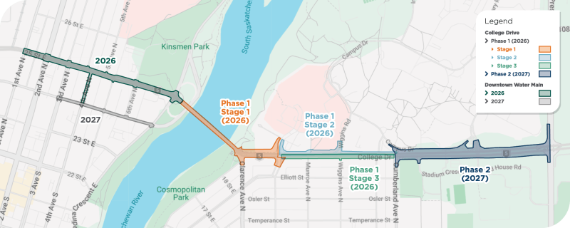 Beginning in early April, construction will take place along College Drive and into downtown. This map shows the different projects that are occurring, including the Link system construction on College Drive, 25th Street water main lining, and University Bridge work.