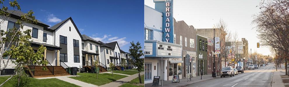 Left photo shows row housing. Right photo shows Broadway Avenue with Broadway Theatre on the left.