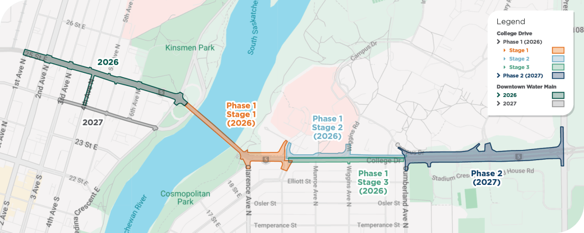 Beginning in early April, construction will take place along College Drive and into downtown. This map shows the different projects that are occurring, including the Link system construction on College Drive, 25th Street water main lining, and University Bridge work.