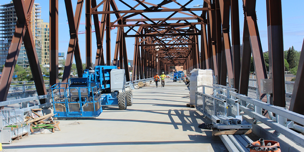 Bridge with construction equipment on it