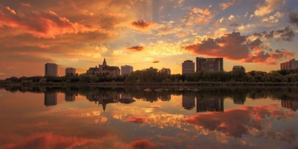 Downtown Saskatoon skyline at sunset