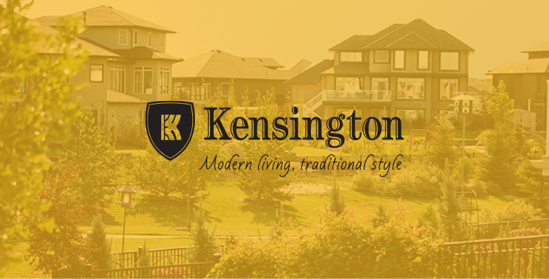 Kensington: Modern living, traditional style text on a gold overlay over a photo of houses from a park