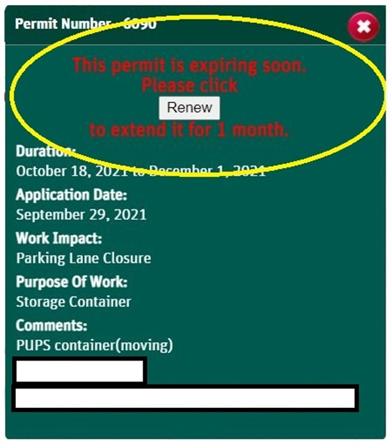 Permit screen highlighting the Renew button near the top